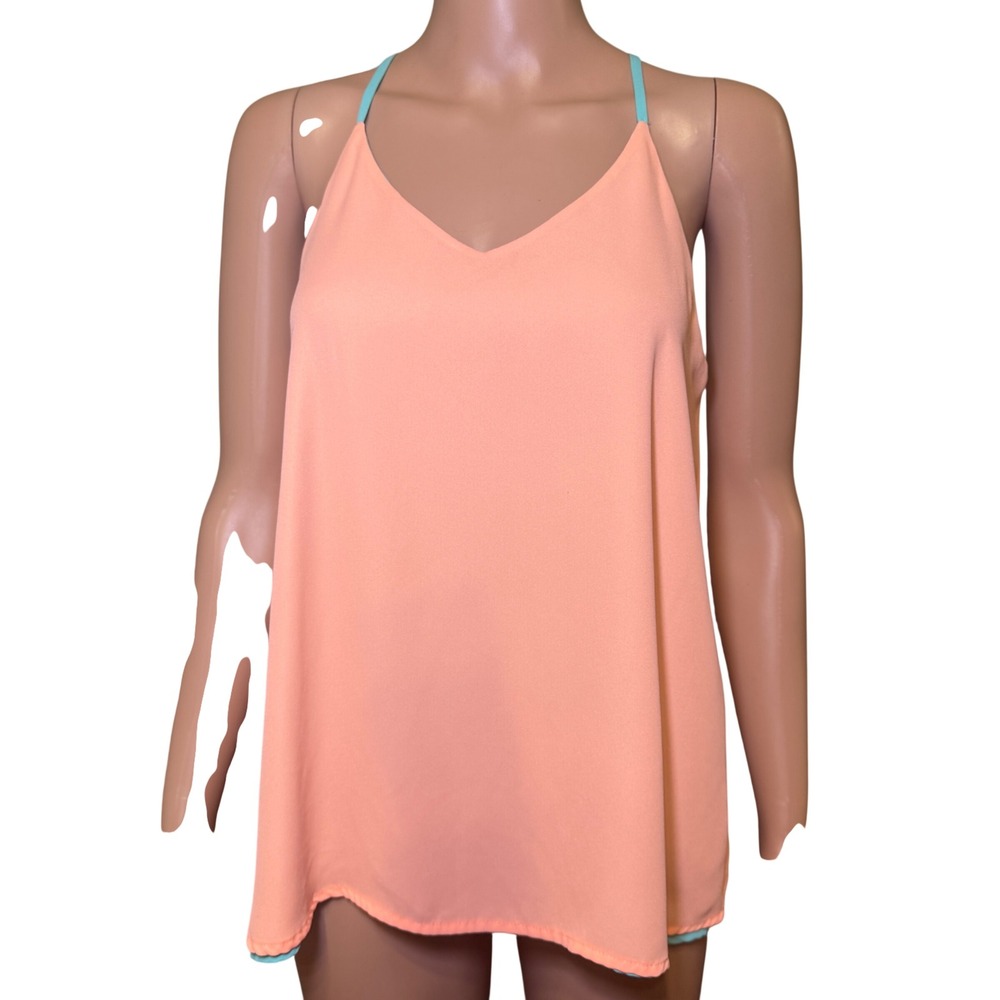 E&M Reversible Camisole Tank Top Peach Turquoise Racerback Keyhole Reversible M